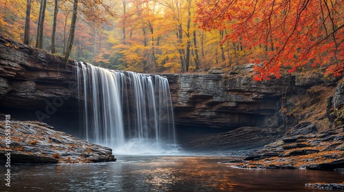 Autumn Waterfall with Colorful Leaves in the Forest. Peaceful Fall Waterfall Surrounded by Red and Orange Leaves. photo