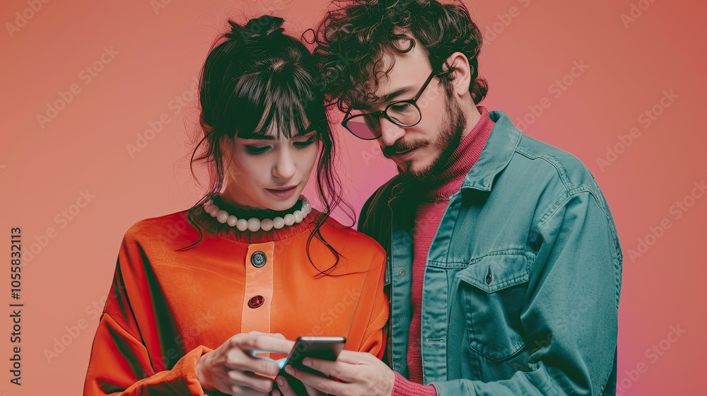 Joyful Young Couple Looking at a Phone Together, Cut Out on a Clean White Background, Capturing Connection and Shared Moments in Modern Digital Interaction Joyful Young Couple Looking at a Phone Together, Cut Out on a Clean White Background, Capturing Connection and Shared Moments in Modern Digital Interaction