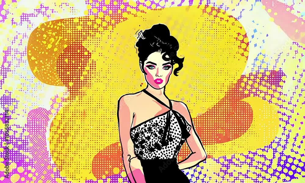 Stylish woman poses in a colorful, retro-inspired design, exuding confidence and glamour. pop art Stylish woman poses in a colorful, retro-inspired design, exuding confidence and glamour. pop art