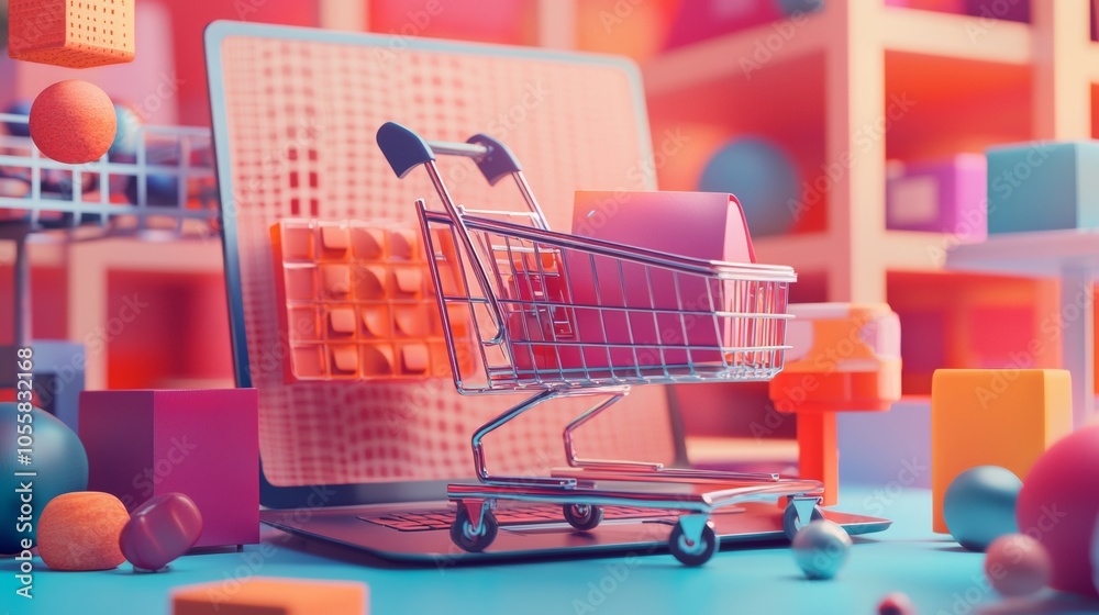 Shopping cart with abstract shapes in e-commerce concept Shopping cart with abstract shapes in e-commerce concept