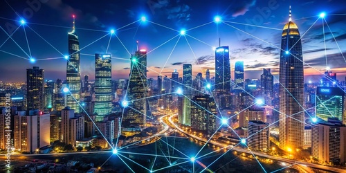 Wallpaper Mural Futuristic Smart City Skyline at Dusk - Advanced Connectivity and Urban Digital Transformation Torontodigital.ca