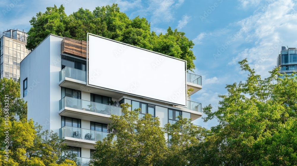 Blank rooftop banner template on a modern building, surrounded by trees, with space for custom outdoor advertising Blank rooftop banner template on a modern building, surrounded by trees, with space for custom outdoor advertising