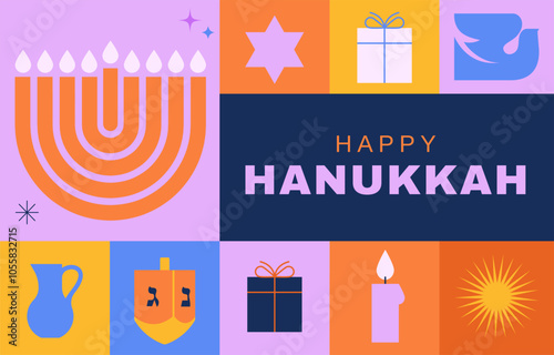 Happy Hanukkah banner, background, poster. Modern design for traditional holiday. Menorah, dove, candles and dreidel illustrations