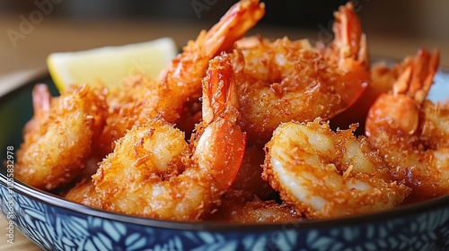 Close-up of crispy coconut shrimp prawns on a plate