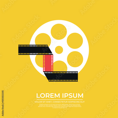 Bright movie film poster retro style background with text. Movie premiere or festival template design with film reel film strip emblems. Vector illustration