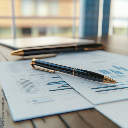 Business plan review documents and pens on wooden table, showcasing financial graphs and charts. scene conveys professional atmosphere ideal for planning and analysis