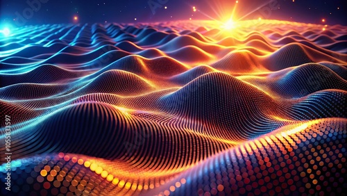 Low angle futuristic abstract background with glowing particles