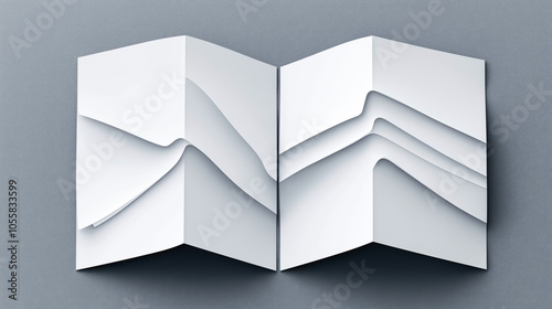 Abstract 3D illustration of overlapping white paper sheets against a textured gray background, creating a wave-like pattern with shadows and highlights.