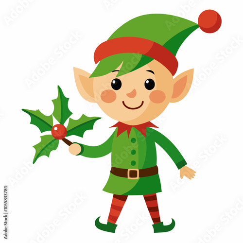 Elf carrying mistletoe vector illustration on white background