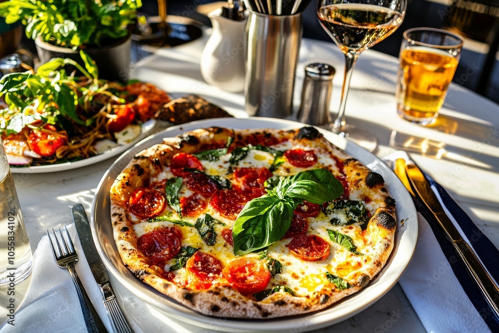 Italian dining table with Margherita pizza, fresh basil, wine, and pasta in an elegant outdoor setting, capturing the essence of Italian cuisine Italian dining table with Margherita pizza, fresh basil, wine, and pasta in an elegant outdoor setting, capturing the essence of Italian cuisine
