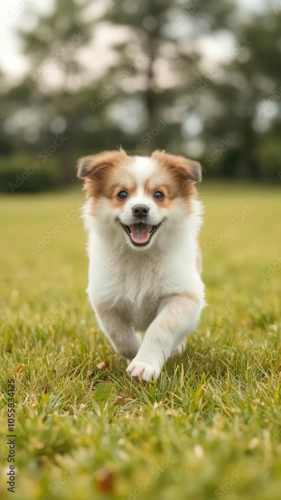 A cute fluffy dog running happily in a grassy field, energetic, grass A cute fluffy dog running happily in a grassy field, energetic, grass