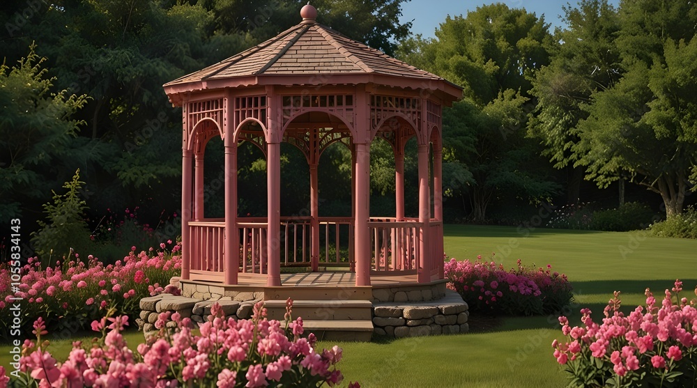 Obraz premium A wooden gazebo adorned with pink roses sits nestled among a rose garden .generative.ai