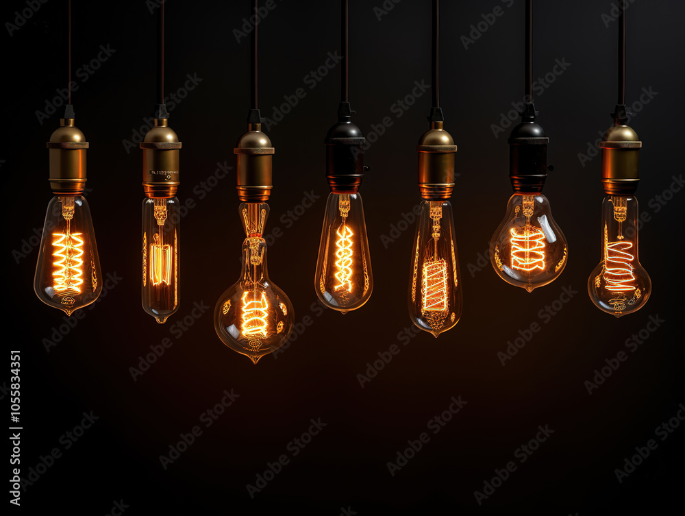Decorative Antique Edison Style Light Bulbs in Various Shapes on Dark Background