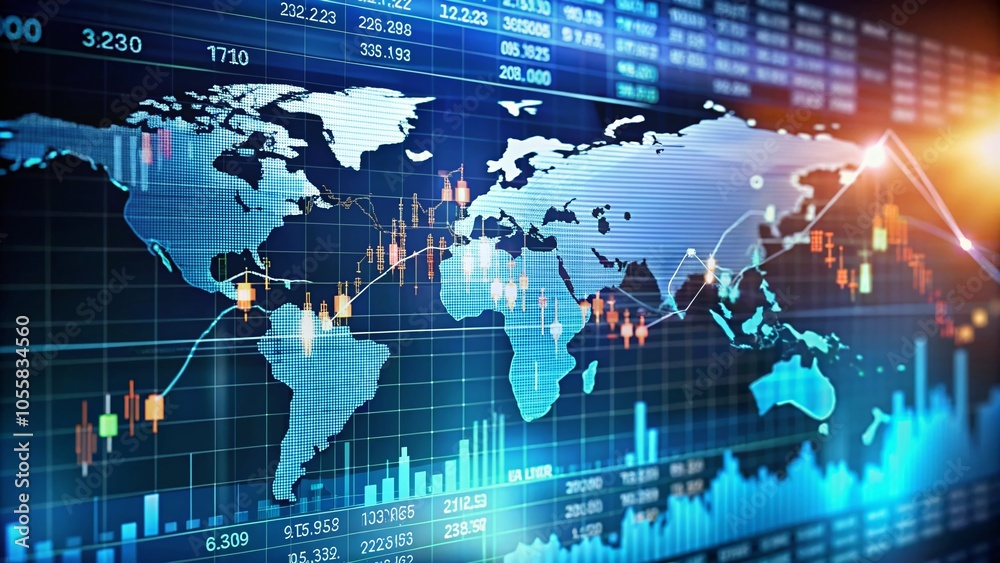 Global Investment Trends: Stock Market Bars and World Map on Financial Data Sheet Global Investment Trends: Stock Market Bars and World Map on Financial Data Sheet
