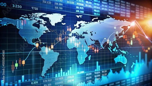 Global Investment Trends: Stock Market Bars and World Map on Financial Data Sheet