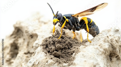 A Yellow and Black Wasp Building a Nest in the Sand photo