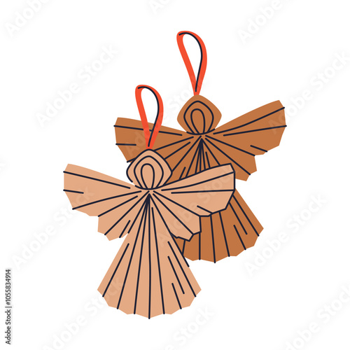 New Year toy angels isolated on background. Vector angel icon or sticker. Fir tree toy for Christmas tree or home decoration. Christian symbol of well being on winter holidays. Souvenir with wings.