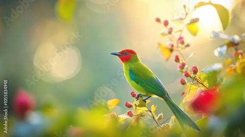 Colorful Bird Perched on a Branch with Red Buds and Green Leaves in Sunlight