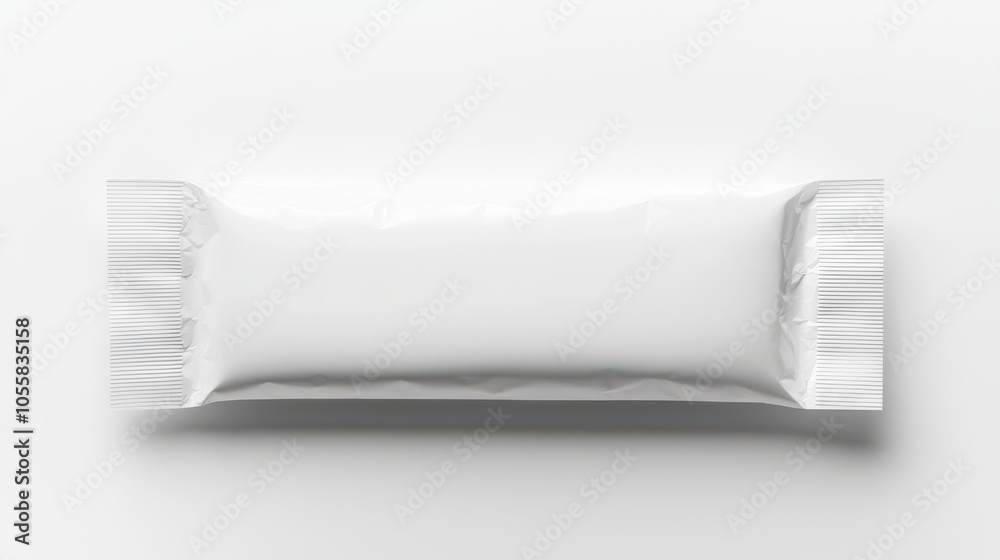 This top view showcases a white candy stick on a vibrant blue background, emphasizing minimalist design. The foil packaging is simple, with no graphics, and the stick's lifted corner adds a 3D effect, This top view showcases a white candy stick on a vibrant blue background, emphasizing minimalist design. The foil packaging is simple, with no graphics, and the stick's lifted corner adds a 3D effect,