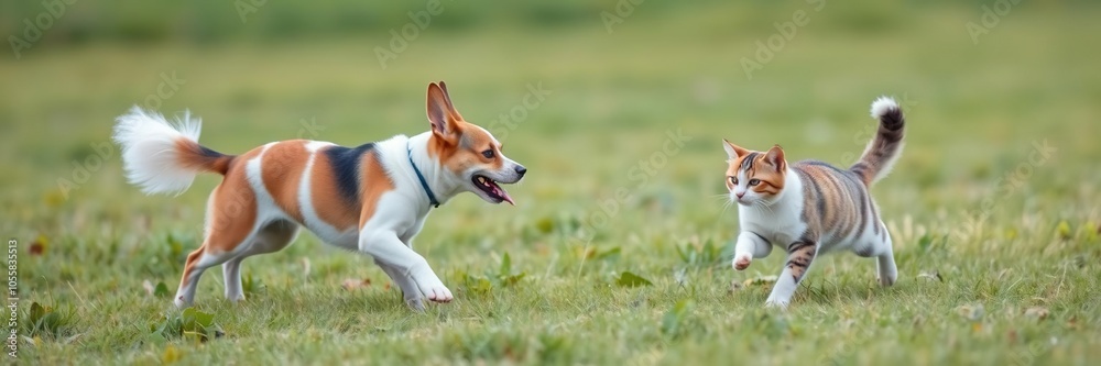 A playful dog and cat chasing each other in a grassy field, showcasing the unique friendship between these two animals, domestic, grassy field, fluffy A playful dog and cat chasing each other in a grassy field, showcasing the unique friendship between these two animals, domestic, grassy field, fluffy