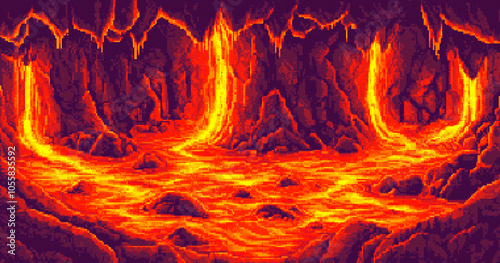 8bits Pixel art of a lava cave, top-down view, fantasy game concept art, fantasy dungeon background photo