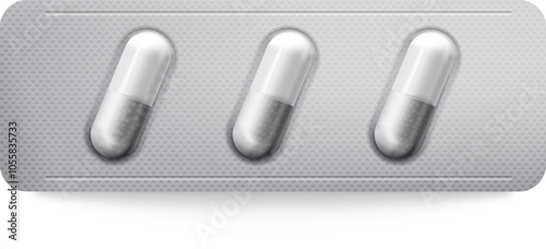 Three capsules are encased in a silver blister pack, suggesting the promise of relief and improved health through modern medicine