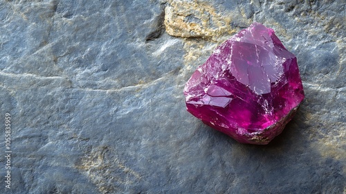 A raw, unpolished ruby gemstone with natural imperfections placed on a stone background photo