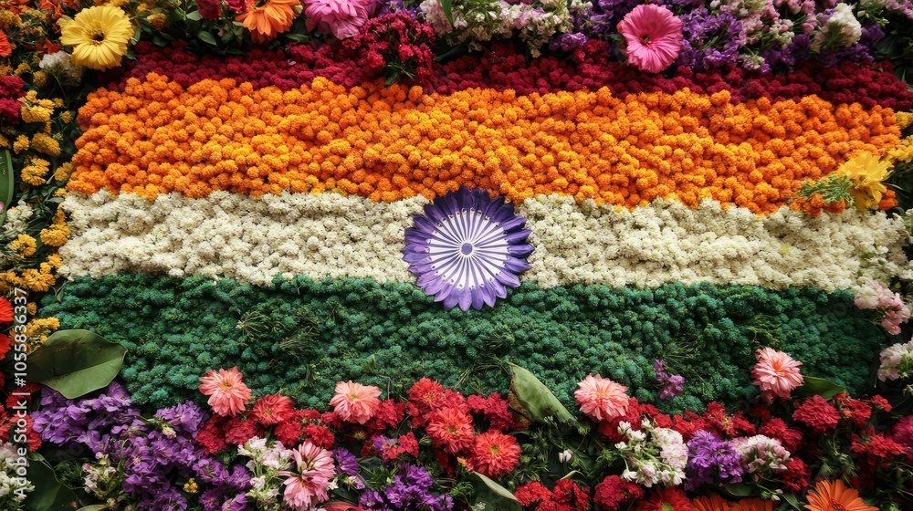 Indian flag made from flowers as part of a colorful street display