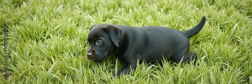 Adorable black Labrador Retriever puppy playing in lush green grass, cute, puppy, friendliness