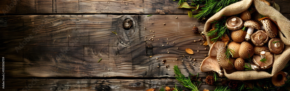 Shiitake mushrooms on wooden background, top view with space for text Shiitake mushrooms on wooden background, top view with space for text