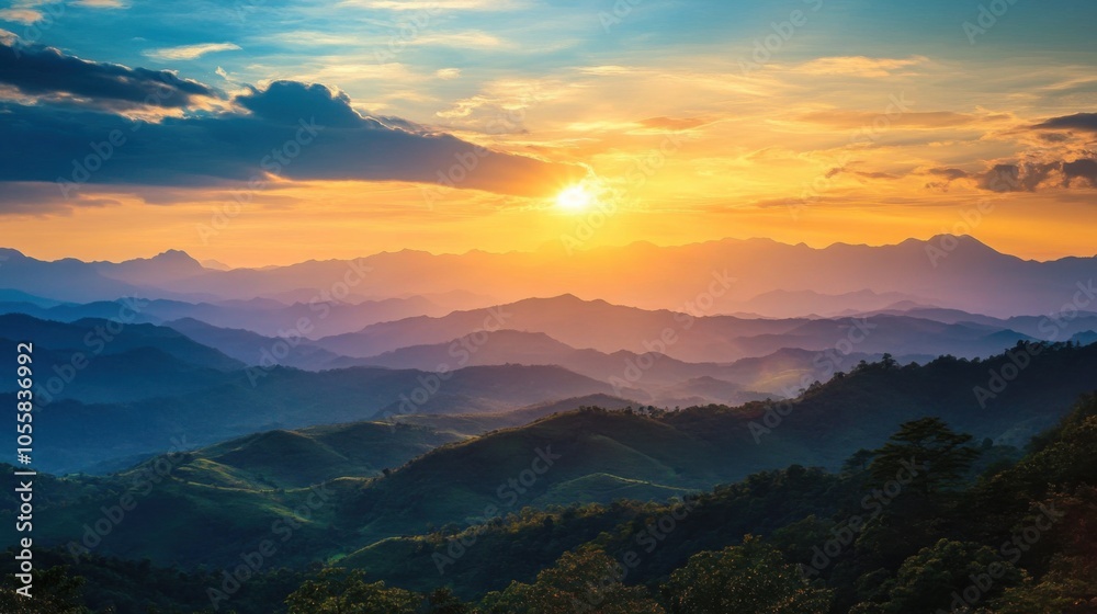 Serene sunset over rolling mountains and valleys. Serene sunset over rolling mountains and valleys.