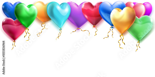 Festive Valentine's Day illustration with colored heart shaped helium balloons flying from above, on a white background.
