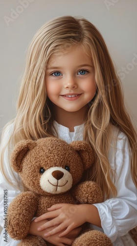 In a professional studio, a young girl with blonde hair and blue eyes beams with joy as she hugs her teddy bear close, creating an adorable and heartwarming moment photo