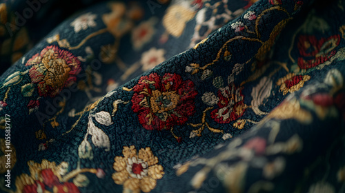 Close-Up of Richly Textured Brocade Fabric Showcasing Intricate Patterns and Luxurious Colors