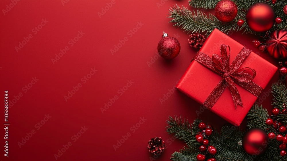 vibrant flat lay composition showcases a beautifully wrapped red gift box surrounded by Christmas ornaments and greenery perfect for holiday inspiration and celebrations. vibrant flat lay composition showcases a beautifully wrapped red gift box surrounded by Christmas ornaments and greenery perfect for holiday inspiration and celebrations.