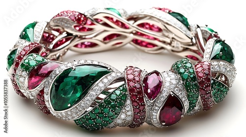 A luxury bracelet with gemstones such as ruby, emerald, and diamond arranged in a flowing pattern