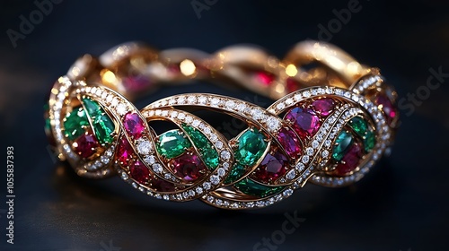A luxury bracelet with gemstones such as ruby, emerald, and diamond arranged in a flowing pattern