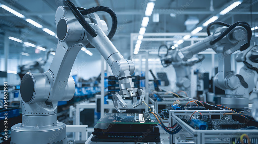 Robotic arm meticulously assembling components in a high-tech factory, representing the latest advancements in robotics and manufacturing technology. Robotic arm meticulously assembling components in a high-tech factory, representing the latest advancements in robotics and manufacturing technology.