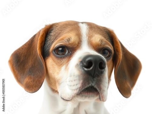 Beagle head with floppy ears and soulful eyes, isolated on a white background, ears, domestic