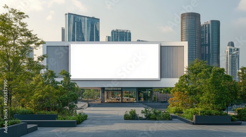 White placeholder poster on a rooftop, set against the modern mall building and tree-lined surroundings, ideal for mockups