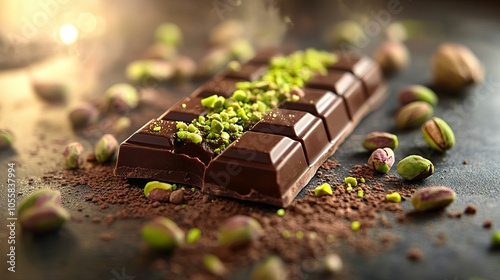 Dubai Chocolate bar with green k a d a y if and pistachio spread with pistachio nuts close up
 photo