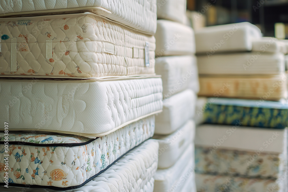 White mattresses displayed in store, variety of textures and designs White mattresses displayed in store, variety of textures and designs
