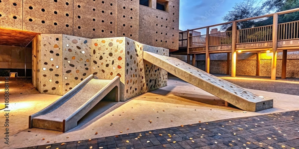A concrete playground with two slides, one angled and one straight, set against a textured wall with round holes and a walkway above. A concrete playground with two slides, one angled and one straight, set against a textured wall with round holes and a walkway above.