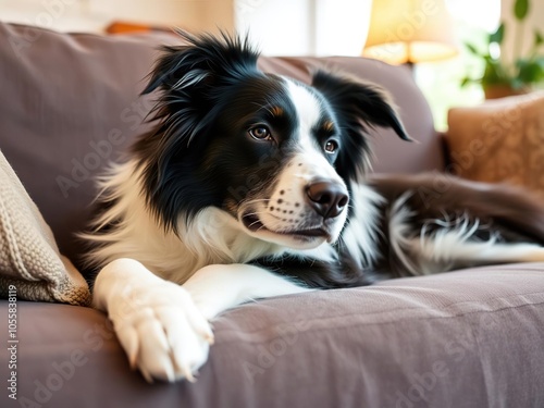 Border collie dog relaxing on the couch in a cozy living room setting, adorable, fluffy