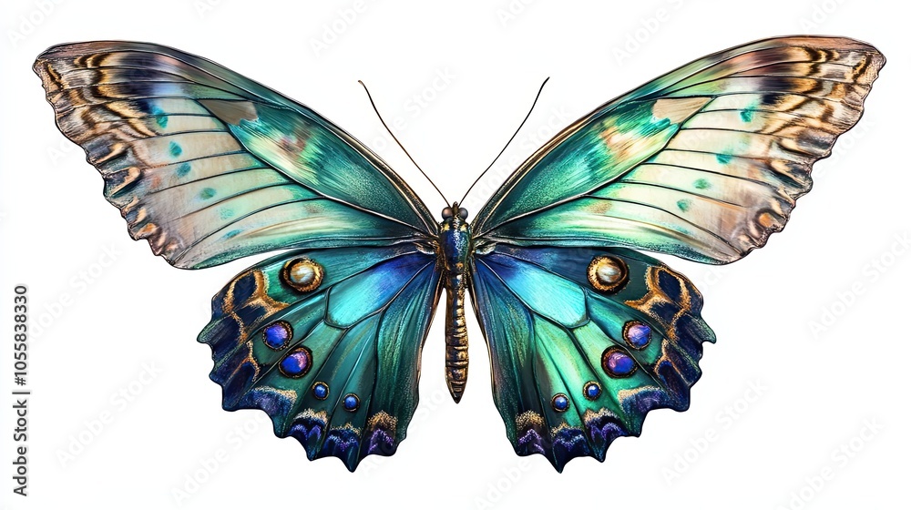 Vibrant Green and Blue Butterfly with Golden and Purple Accents Vibrant Green and Blue Butterfly with Golden and Purple Accents