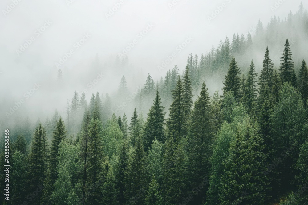 Fototapeta premium Misty pine shrouded in serene morning fog