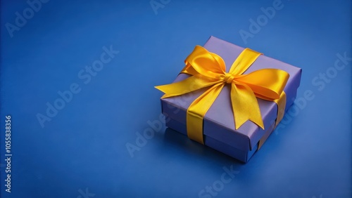 A single purple gift box adorned with a vibrant yellow satin ribbon, creating a striking contrast against a deep blue background.