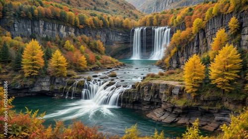 Autumn Waterfall with Colorful Leaves in the Forest. Peaceful Fall Waterfall Surrounded by Red and Orange Leaves. photo