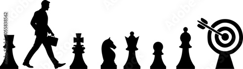 Vektor Silhouetten - Business Mann geht seinen Weg - Taktik und Strategie zum Ziel - Symbolische Schachfiguren auf dem Weg