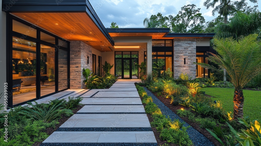 Modern home entrance with landscaped garden and pathway. Modern home entrance with landscaped garden and pathway.